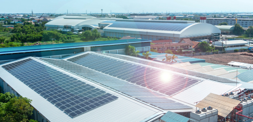 Architectural Detail Of Metal Roofing On Commercial Construction Solar Panels